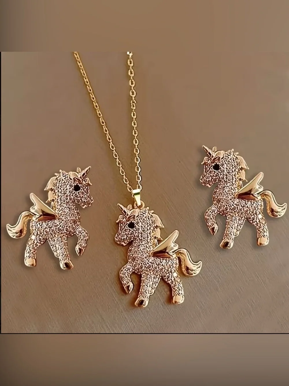 Gold Unicorn Necklace and Earring Set - Pink Accents